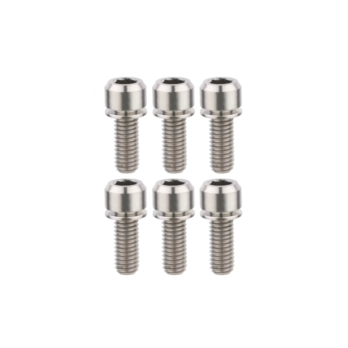 Set of six silver metal screws on a white background