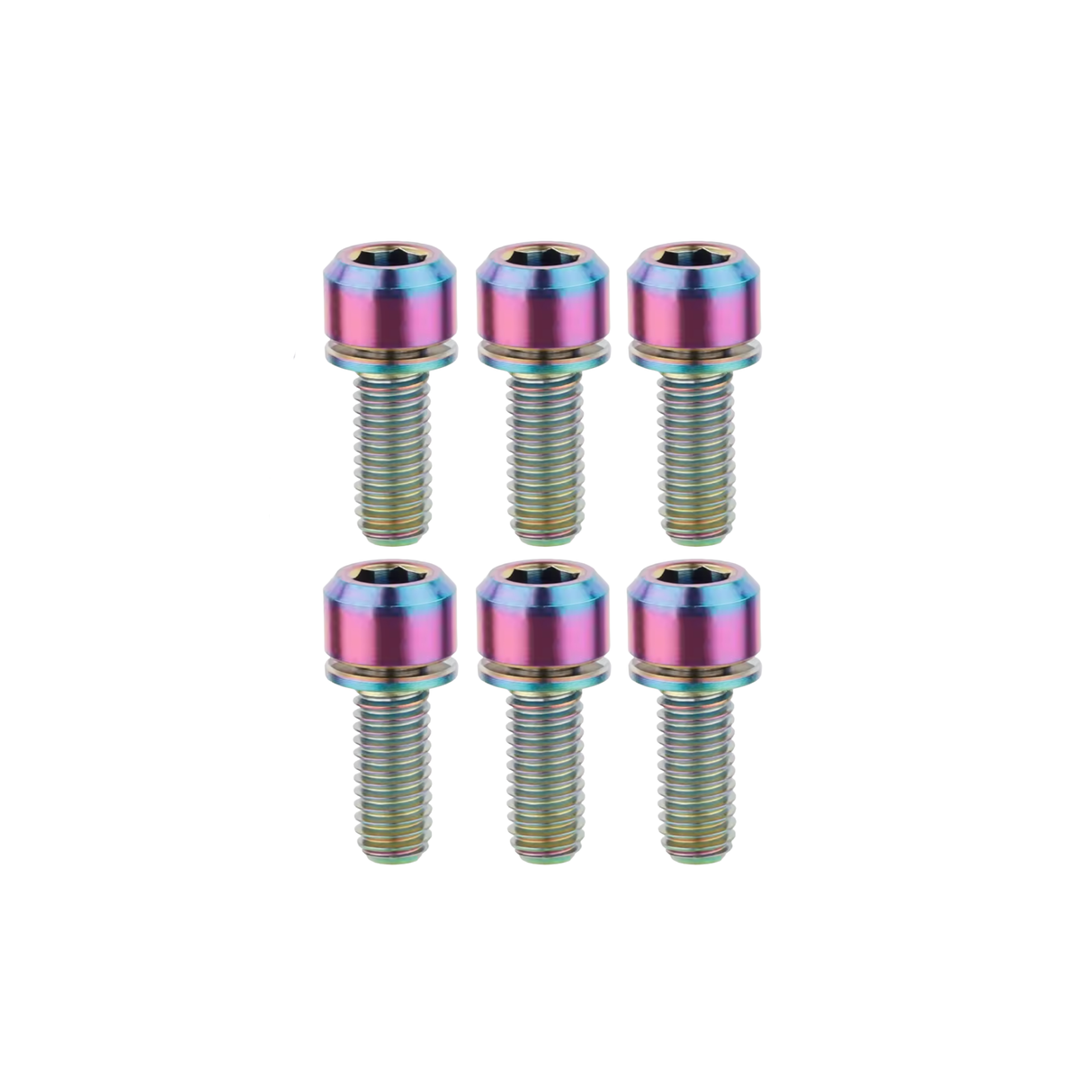 Set of six multicolored screws on a white background