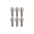 Set of six silver metal screws on a white background