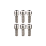 Set of six silver metal screws on a white background