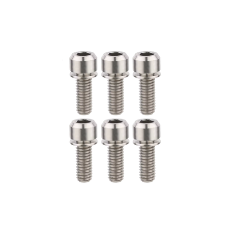 Set of six silver metal screws on a white background